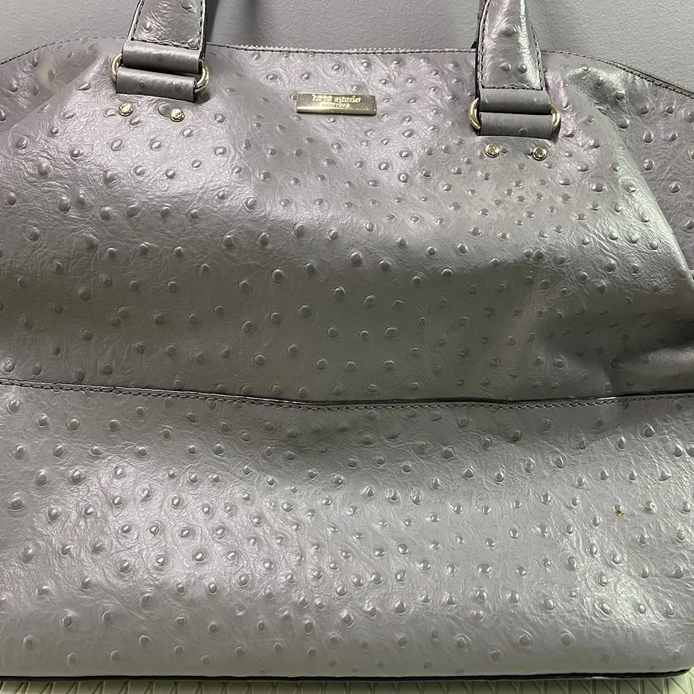 Kate Spade Blaine Windsor Large Gray Ostrich Embossed Leather Satchel Bag‎